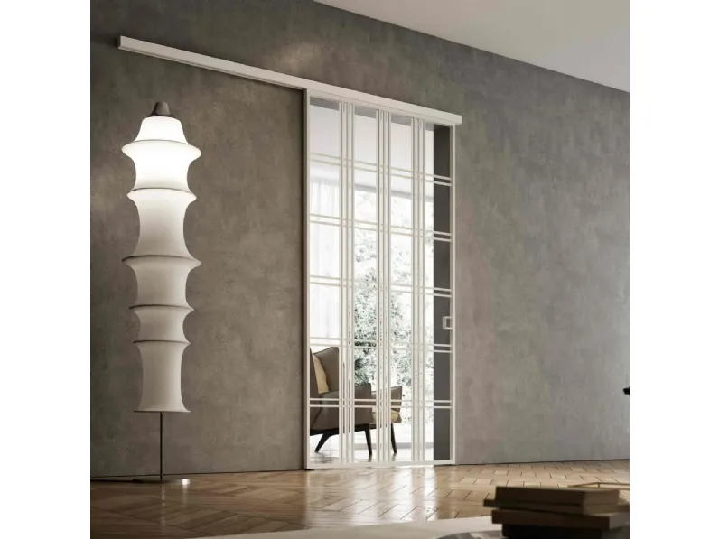 Porta per interni scorrevole esterno muro Glass Bianco Oregon in Vetro con profilo in alluminio di BiHome