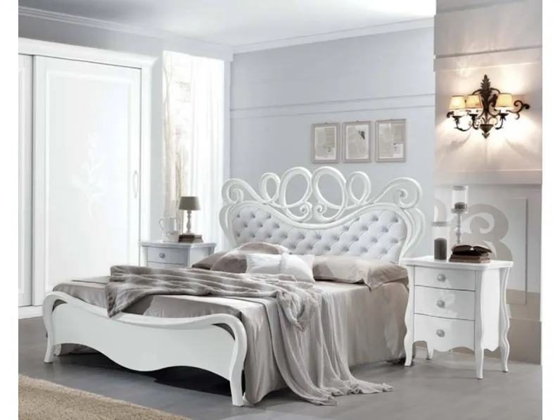 Letto laccato Bianco con testiera lavorata in ecopelle Dafne di Euro Design