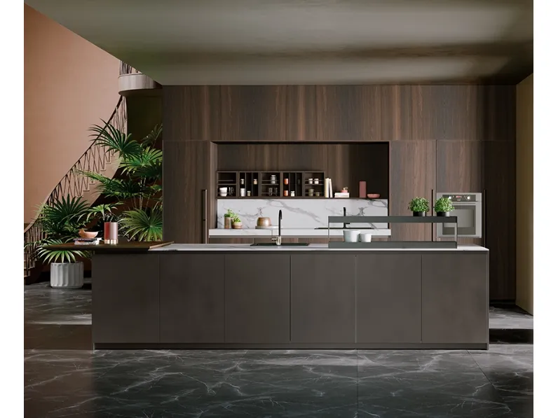 Cucina Design con isola K105 04 in Rovere e finitura metallo liquido di Zecchinon Cucine