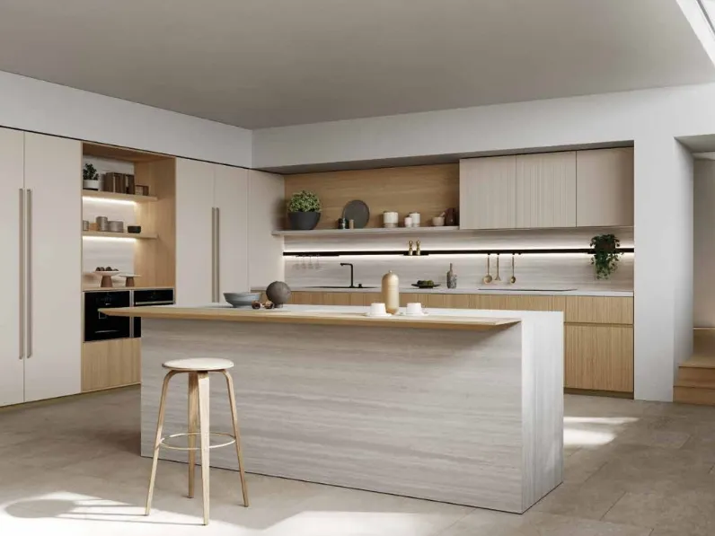 Cucina Design angolare in Rovere con isola in laminam Travertino Kelly 01 di Zecchinon Cucine