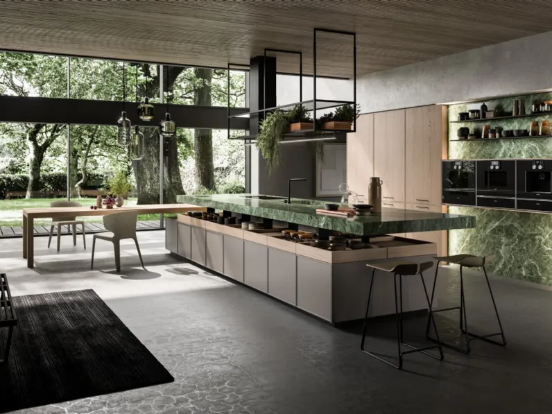 Cucina Design con isola in laccato, legno e marmo Line di Nova Cucina