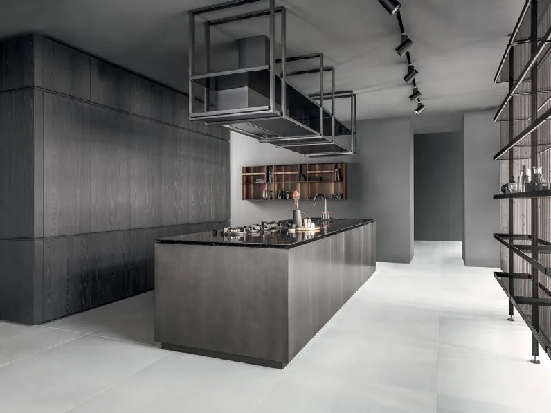 Cucina Design con isola Techno Elegance in titanio satinato anticato e marmo nero Marquinia di Mittel