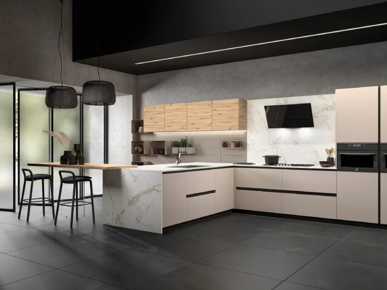 Cucina Moderna con penisola System 22 in laminato Fenix Beige Arizona e melaminico effetto Rovere di Atra Cucine