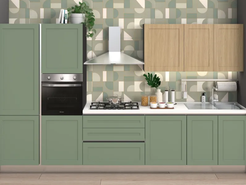 Cucina Moderna Dora 01 Verde opaco e Rovere naturale Net Cucine