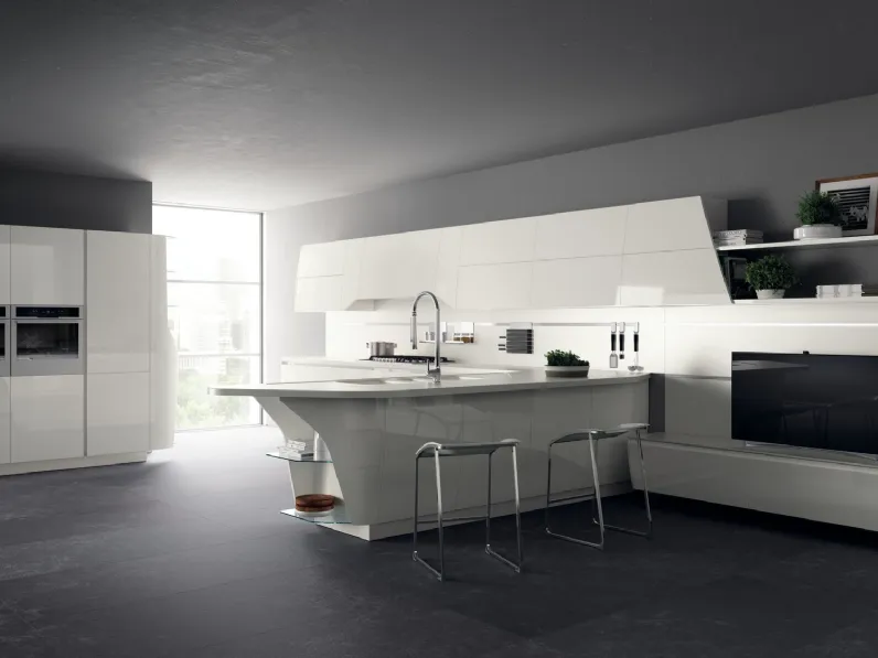 Cucina Moderna con penisola Flux Swing in Bianco lucido di Scavolini