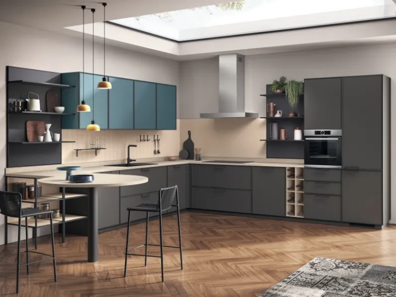 Cucina Moderna Jeometrica 02 in laccato opaco Grigio Ferro e Verde Ottanio di Scavolini