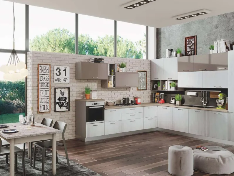 Cucina Moderna Kira 02 Legno Argento e Tortora Lucido di Net Cucine