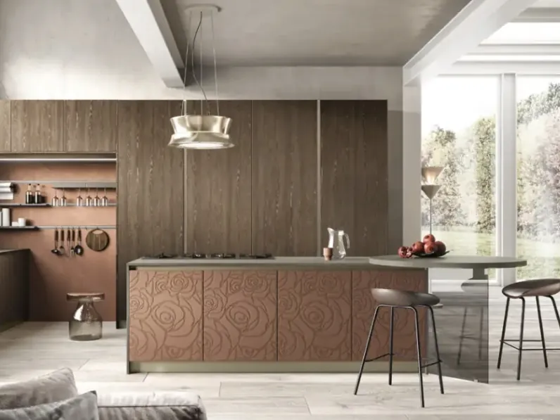 Cucina Moderna con isola Mirage 04 in melaminico rovere e malta con decoro di Moretti Cucine