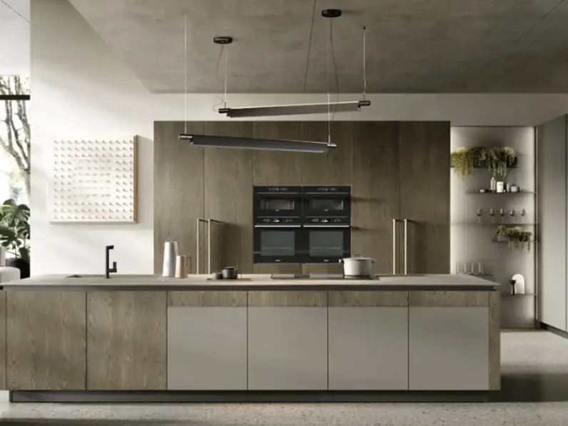 Cucina Moderna con isola Natural 01 in rovere yuta e laccato di Moretti Cucine