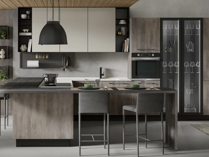 Cucina Moderna con penisola Nevada finitura ossido grigio e seta bianco opaco di Mobilturi