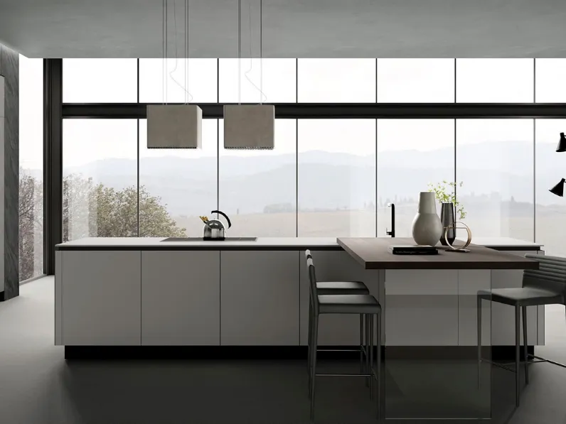 Cucina Moderna con isola Stratos in HPL grigio cemento e gesso di Mobilturi