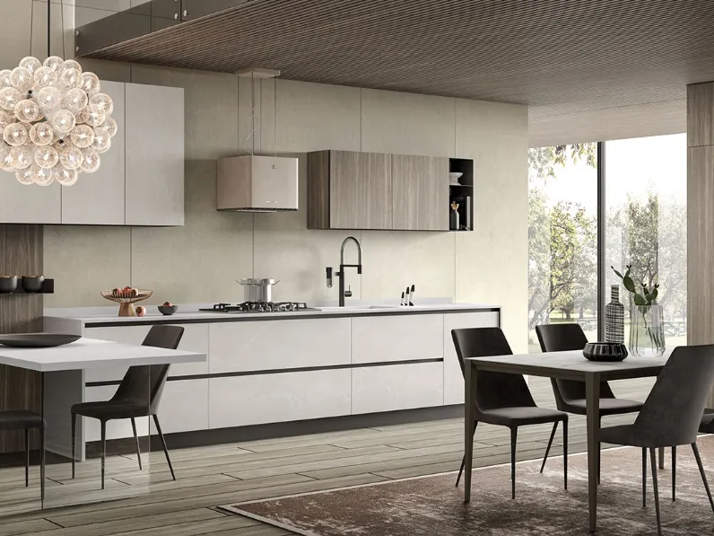 Cucina Moderna con penisola Stratos in HPL kandia white e hidalgo aragona di Mobilturi